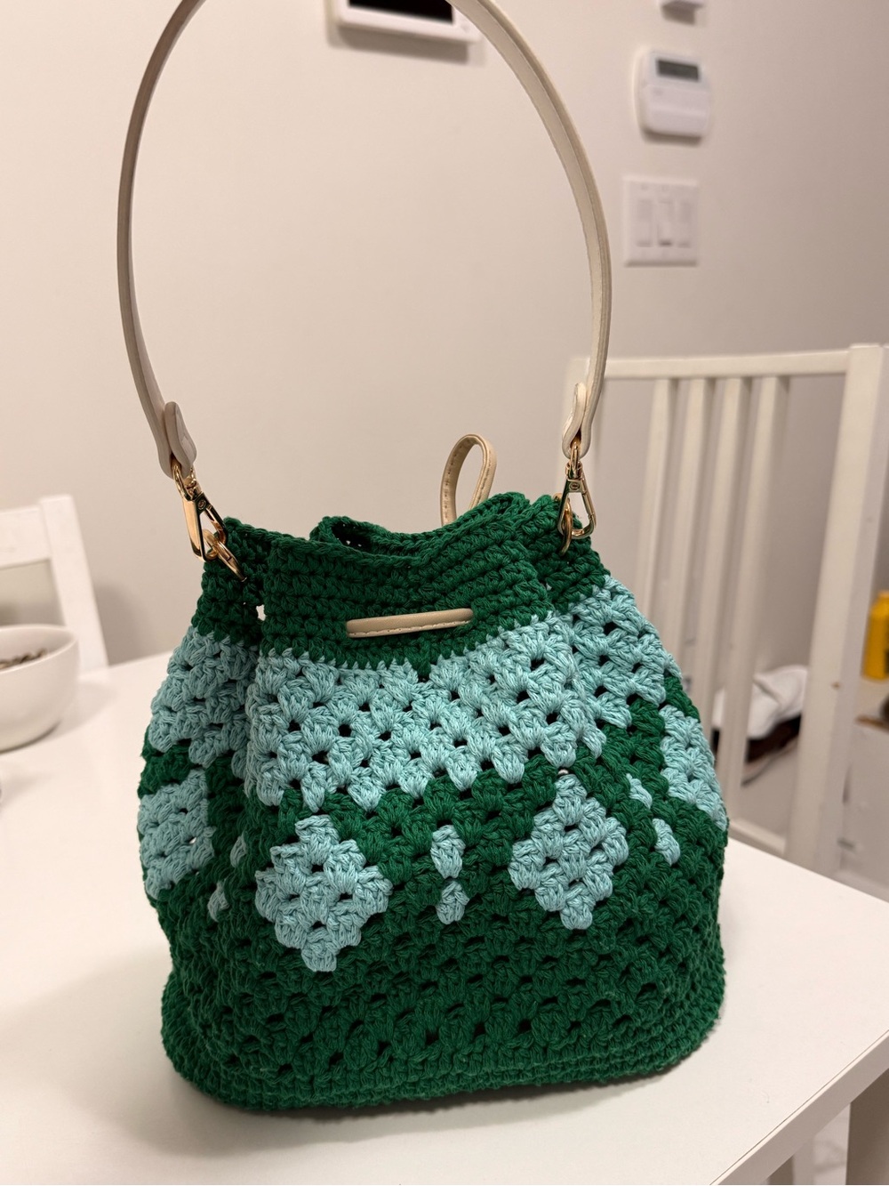 Handmade Green Crochet Bucket Bag with Cream Handle and sling strap